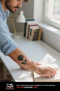 Photorealistic close-up of a man's wrist with a black rose tattoo, wearing a blue shirt reaching for a book.