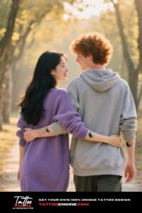 Two friends with matching yin-yang tattoos on their wrists, symbolizing balance in friendship.