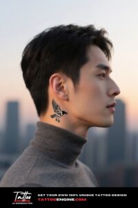 Geometric abstract raven tattoo on a man's neck
