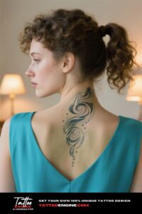 A close-up of a woman's neck with an abstract swirl tattoo, set against a blurred library background.