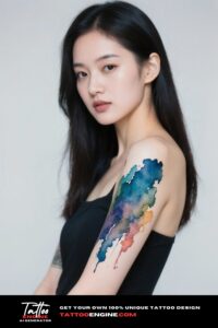 Close-up of a woman's arm with an abstract watercolor tattoo, wearing a red velvet top.