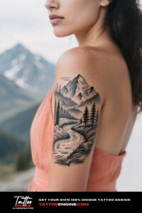A woman's upper arm with a landscape tattoo, wearing a coral dress.