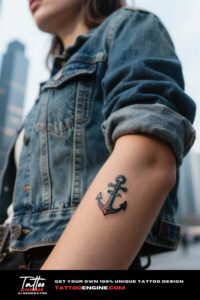 Close-up of a woman's forearm with an anchor tattoo and a denim jacket