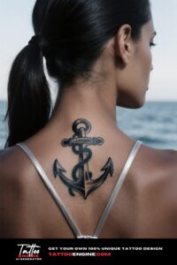 Back view of a man's neck with an anchor tattoo, wearing a grey t-shirt.