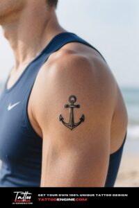 Close-up of a minimalist anchor tattoo on a man's shoulder with a navy blue athletic top.