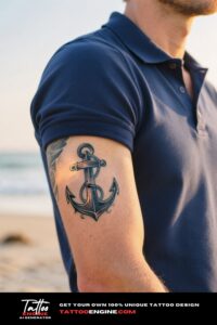 Close-up of a man's inner forearm with an anchor tattoo, wearing a navy polo shirt at the beach.