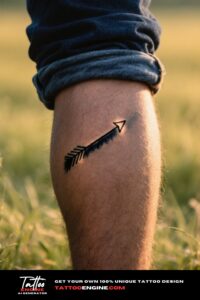 Medium close-up of a man's calf with a simple arrow tattoo and rolled-up dark blue jeans.