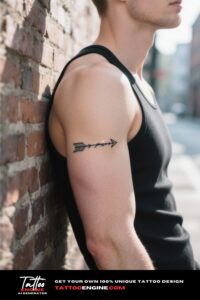 A detailed arrow tattoo on a man's upper arm, set against an urban street backdrop.