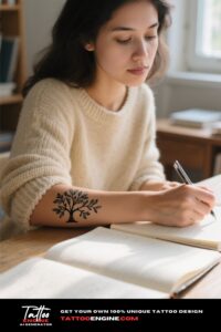 Woman's forearm with an artistic tree tattoo.