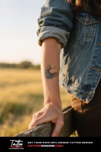 Close-up of a woman's forearm with a wave tattoo.