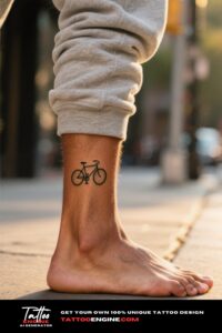 Close-up of a minimalist bicycle tattoo on a man's ankle with light grey sweatpants.