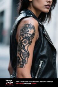 A biomechanical tattoo on a woman's arm, in dramatic lighting and an urban background.