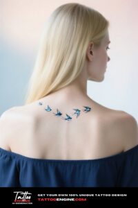 Back view of a minimalist flock of birds tattoo on a woman's neck.