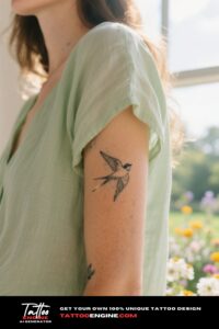 Close-up of a bird in flight tattoo on a woman's forearm with a garden background.