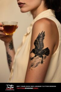 Close-up of a blackwork raven half sleeve tattoo on a woman's arm