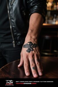 Bold blackwork raven tattoo on a man's hand