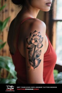 A detailed lotus flower tattoo on a woman's shoulder and arm, with natural lighting and a harmonious background.