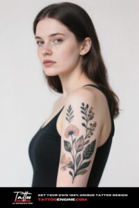 Close-up of a woman's arm with a botanical tattoo, wearing a cream knit top.