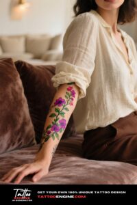 A vibrant bougainvillea vine tattoo on a woman's forearm.
