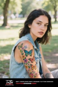 A colorful butterflies and flowers tattoo on a woman's upper arm, in bright natural lighting and a park setting.