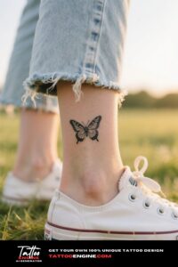 A close-up of a small butterfly tattoo on a woman's ankle, wearing jeans and sneakers