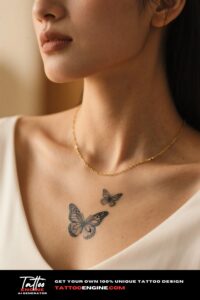 Close-up of a woman's collarbone with a butterfly tattoo and a gold necklace