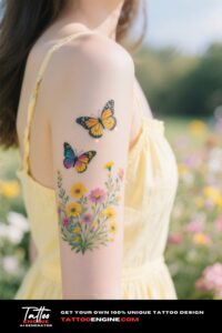 A close-up of a butterfly garden tattoo on a woman's arm.