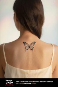A woman's neck with a butterfly tattoo below the ear, captured in soft golden lighting with a floral background.