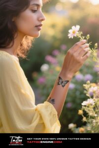 Close-up of a woman's forearm with a butterfly tattoo.