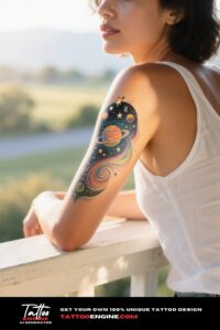 A colorful celestial tattoo on a woman's arm, in bright lighting and an outdoor setting.