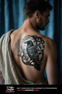 Intricate Celtic raven tattoo on a man's upper back
