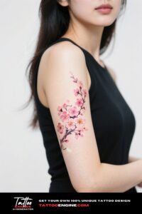 Close-up of a cherry blossom tattoo on a woman's upper arm in a summer dress