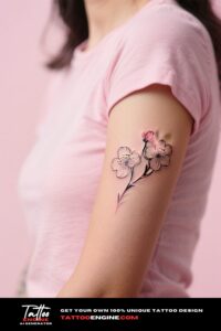 A close-up of a woman's forearm with a fine-line cherry blossom branch tattoo.