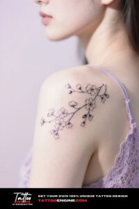 A woman's shoulder with a minimalist single-line tattoo of cherry blossoms, wearing a lavender top.
