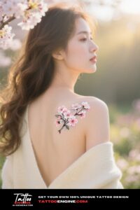 A woman's neck with a cherry blossom tattoo, captured in warm golden lighting with a garden background.
