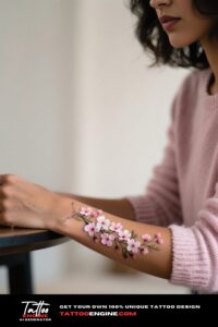 A woman's forearm with a cherry blossom tattoo, wearing a pink sweater.
