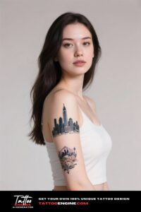 Cinematic shot of a man's arm with a city skyline tattoo, wearing a grey workout shirt.