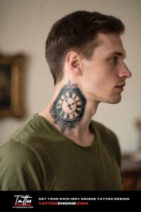 Side profile of a man's neck with a clock tattoo, wearing an olive t-shirt.