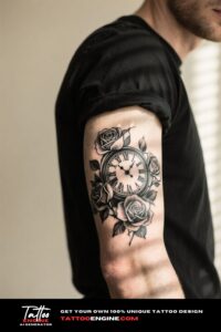 Close-up of a man's forearm with a clock and roses tattoo, wearing a black t-shirt.