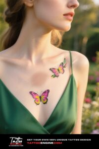A close-up of a colorful butterfly tattoo on a woman's chest with an emerald dress