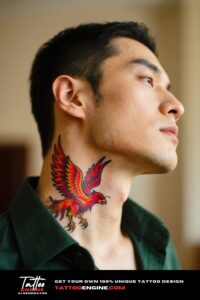 Side angle of a man's neck with a colorful phoenix tattoo, wearing a green shirt.