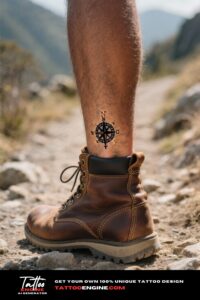 Close-up of a man's foot with a compass tattoo, standing on a rocky trail.