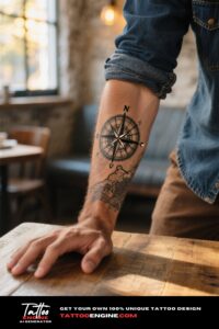 Photorealistic image of a man's forearm with a compass and map tattoo, wearing a denim shirt.
