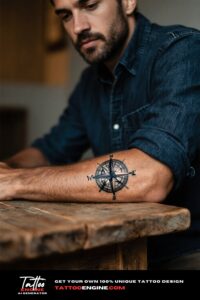 Close-up shot of a man's forearm with a compass tattoo, wearing a rolled-up denim shirt.