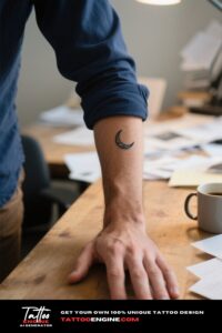 Close-up of a man's hand with a crescent moon tattoo, resting on a desk with a navy blue shirt.