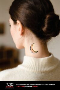 An extreme close-up of a woman's neck with a fine-line crescent moon tattoo, wearing a cream turtleneck.