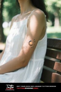 Side view of a woman's arm with a crescent moon and stars tattoo.