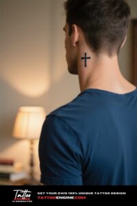 Medium close-up of a simple cross tattoo on the back of a man's neck with a navy blue t-shirt.