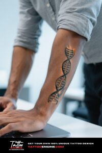 Extreme close-up of a man's inner forearm with a DNA tattoo, typing on a laptop in a grey shirt.