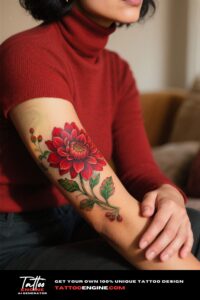 A woman's forearm with a dahlia tattoo, wearing a red sweater.